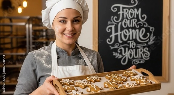 Fototapeta Smiling baker presents fresh gingerbread cookies on tray, a delightful treat from our home to yours, perfect for holiday promotions and seasonal ads