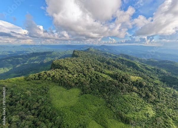 Obraz Soaring Over Bandarban - Aerial Views of Hill Tracks and Lush Green Valleys Beneath Cloud-Kissed Skies