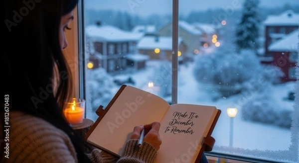 Obraz Cozy winter scene as a woman writes in a journal by candlelight, dreaming of a December to remember with snow falling outside the window