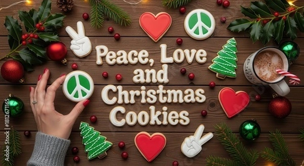 Obraz Spread the holiday cheer with peace, love, and Christmas cookies, perfect for festive social media posts or heartwarming holiday marketing campaigns