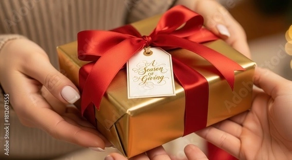 Obraz Golden gift wrapped in red ribbon for the holiday season is a perfect present for friends and family, creating moments of joy and connection