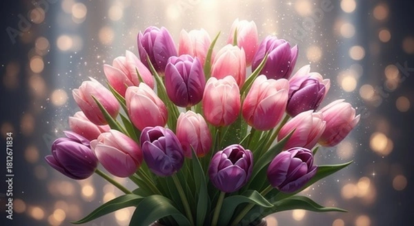 Fototapeta Elegant bouquet of pink and purple tulips radiating gentle light for spring events, Valentine's Day, or Mother's Day celebrations in vibrant colors