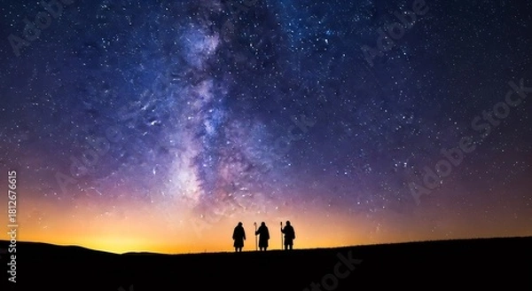 Fototapeta Three men in silhouette with shepherd staffs under a vibrant milky way and starry night sky. Nativity story, Epiphany.