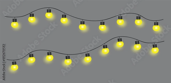 Fototapeta Warm Yellow String Lights on Grey Background – Glowing Festive Decorative Bulbs for Party, Holiday and Celebration Design