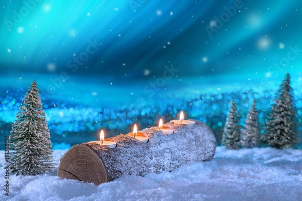 Obraz Natur Kerzenhalter aus Baumstamm mit brennenden Kerzen