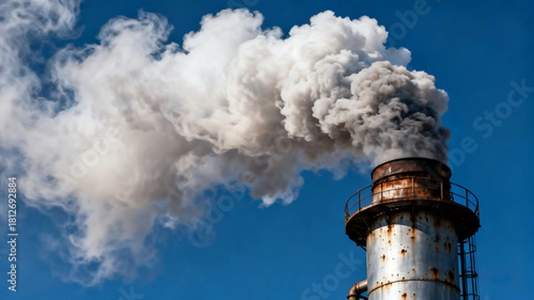 Fototapeta A rusty industrial chimney releasing thick white smoke into a clear blue sky, symbolizing air pollution and environmental impact.