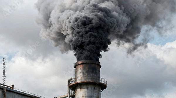 Fototapeta A large plume of dark smoke billows from an industrial chimney, highlighting the impact of industry on the environment.