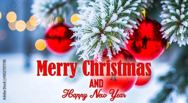 Obraz Red Christmas Ornaments on Frosted Pine Branch – Winter Macro Photography