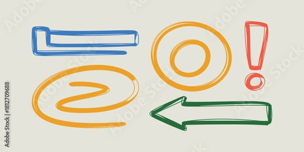 Fototapeta A collection of hand drawn doodle elements including an arrow an at symbol and an exclamation point