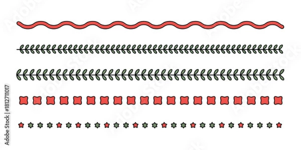 Obraz Decorative borders with wavy line, leaf sprigs, squares, and stars on a white background design element