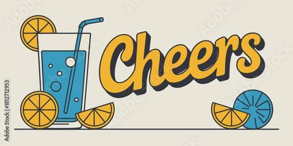 Fototapeta A cheers illustration with a blue drink in a glass with oranges and a straw on a light background