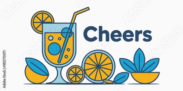 Obraz A stylized illustration of a glass of orange juice with the word cheers next to it and fruit around it