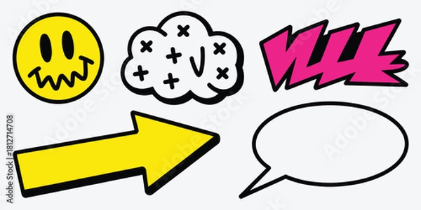 Obraz Illustration of a smiley face, cloud, lightning bolt, arrow and speech bubble on a white background