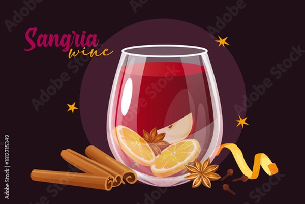 Fototapeta Vector illustration of a glass of red sangria wine filled with fruits, cinnamon sticks, star anise, citrus zest, and cloves on a dark purple background, perfect for cocktail menus, festive designs
