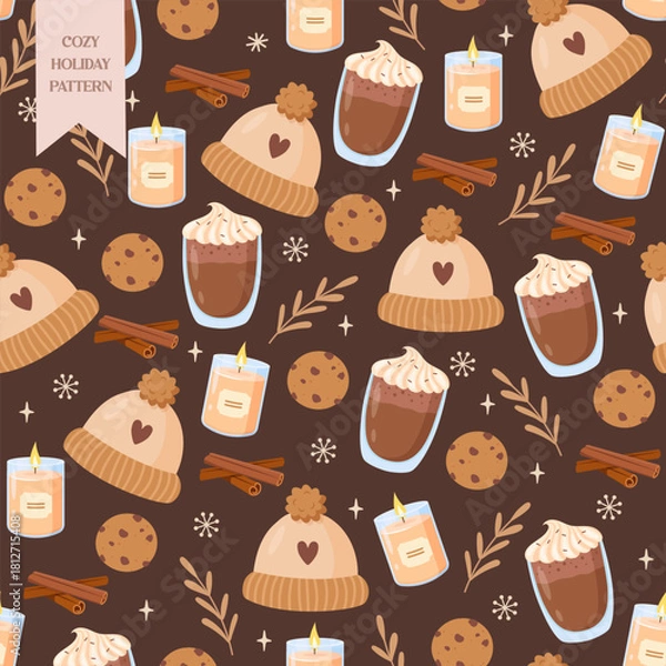 Fototapeta Seamless cozy winter holiday pattern on dark brown background with knitted hats, cocoa mug, burning candle, cinnamon sticks, Christmas cookies, decorative plant branches and snowflakes 