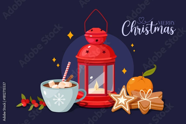 Fototapeta Cartoon llustration depicts a festive Christmas scene on a white background with lettering, red lantern, cocoa mug, red winter berries, red ribbon, orange citrus, gingerbread cookies and sparkles