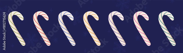 Fototapeta Vector illustration of colorful Christmas candy cane lollipops in different colors isolated on a dark blue background with snowflakes and sparkling elements, festive holiday sweets and winter design
