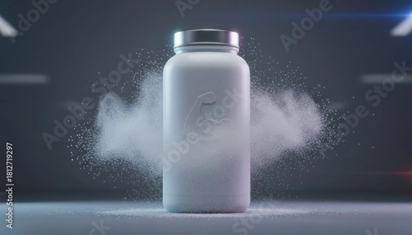 Obraz White supplement bottle surrounded by an explosion of powder on gray background. Best for protein, sports nutrition, fitness, clean, product, blank, energy, modern.