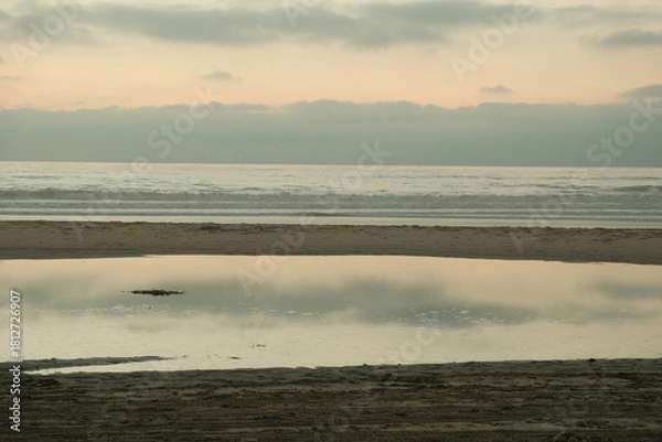 Fototapeta Large pool of reflective ocean water on empty beach in pacific beach