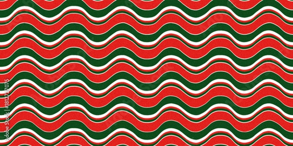 Fototapeta Seamless Christmas pattern of wavy red, green, and white lines with glitter. Suitable for wallpapers, backgrounds, textiles, packaging, and paper. Vector illustration.