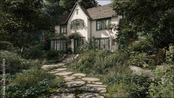 Obraz A picturesque house with green trim, nestled in a lush, overgrown garden. A winding stone path leads to this serene home.