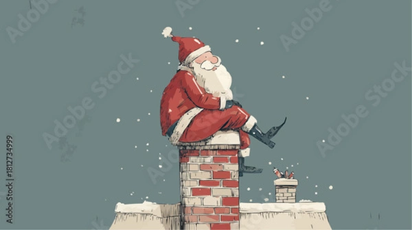 Fototapeta Santa sits on a brick chimney during snowfall, quiet Christmas night scene in soft blue tones, simple clean shapes and calm seasonal mood, with text space