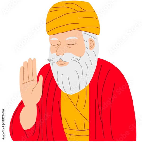 Obraz line art illustration depicting a revered figure, Guru Nanak Dev Ji, the founder of Sikhism. The style is simple, clean, symbolizing devotion, wisdom, and Punjabi culture.