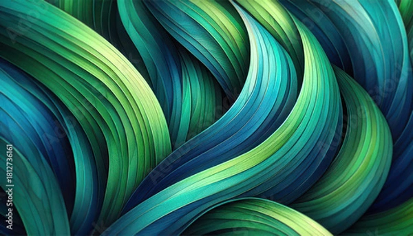Fototapeta Abstract botanical design featuring green and turquoise leaves flowing in dynamic wave shapes, symbolizing nature, freshness, and sustainable ecology. Ideal for Earth Day themes, eco-friendly