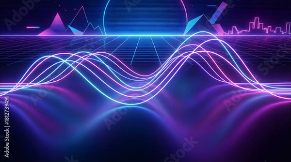 Obraz Retro-Futuristic Neon Wave Curves, Glowing Synth wave Lines, High-Resolution Futuristic Design