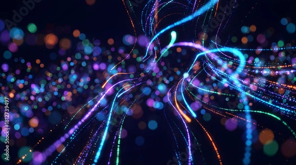 Obraz Glowing Particle Trails in Dark Space, Soft Bokeh Lights, High-Tech Abstract Background