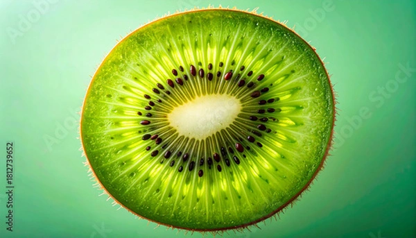 Obraz Fresh kiwi slice close-up on green background