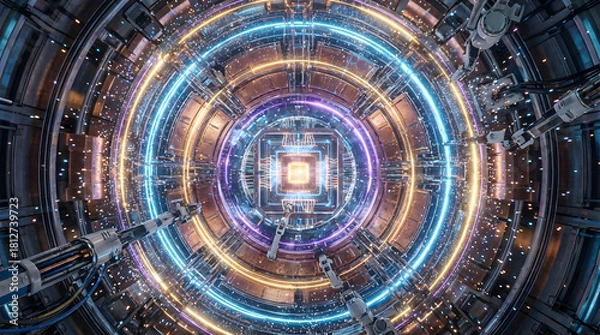 Obraz Wide-Angle Quantum Computing Core, Futuristic Quantum Computer Interior, Floating Particles High-Tech View