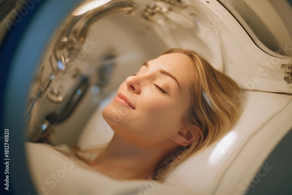 Obraz Hyperbaric oxygen therapy for wound healing and life longevity. Person using HBOT chamber for skin rejuvenation	
