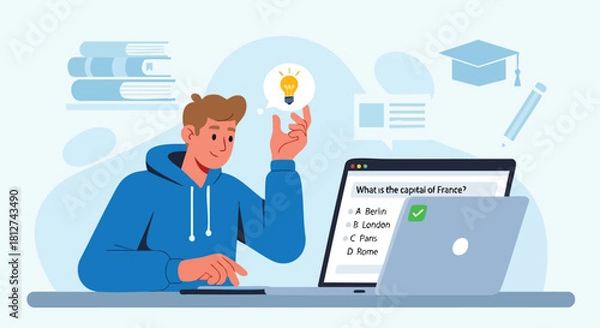 Fototapeta Male student getting the correct answer on an online multiple-choice quiz or exam while experiencing a moment of realization.