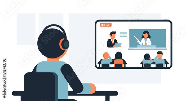 Fototapeta Student or user watching a live online lecture or educational webinar presented by two instructors on a large screen with headphones.