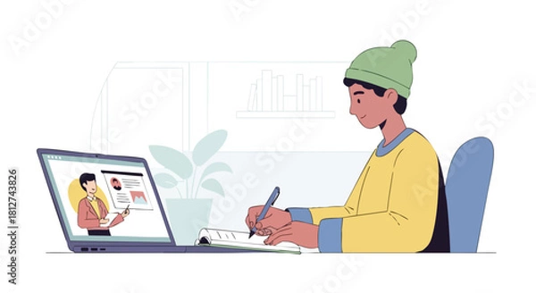 Fototapeta Young male student attending a virtual lecture or class on a laptop and diligently taking notes in a notebook.