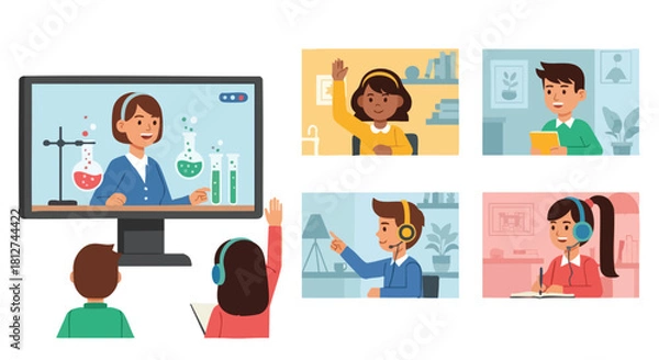 Fototapeta Diverse students participating actively in an interactive virtual science class with a female teacher demonstrating a chemistry lesson.