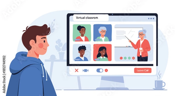 Fototapeta Male student participating in a virtual video conference classroom lesson with his teacher and diverse classmates.