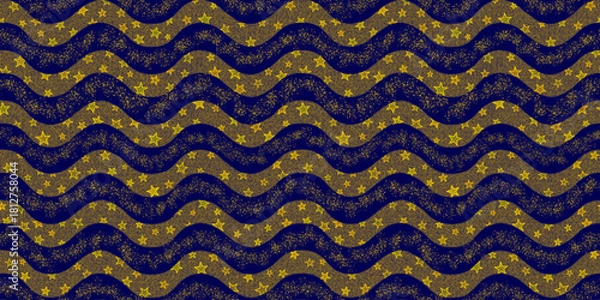 Fototapeta Seamless Christmas pattern with wavy blue and gold lines, bright gold stars and glitter. Suitable for wallpapers, backgrounds, textiles, packaging, and paper. Vector illustration.