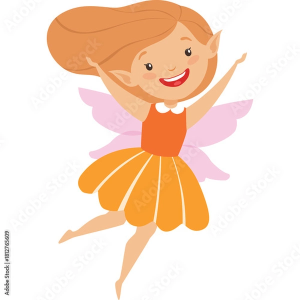 Fototapeta Joyful Orange Haired Fairy Girl With Pink Wings Dancing In The Air With Open Arms And A Big Smile Wearing A Cute Orange Dress And A Petal Skirt On A Transparent Background