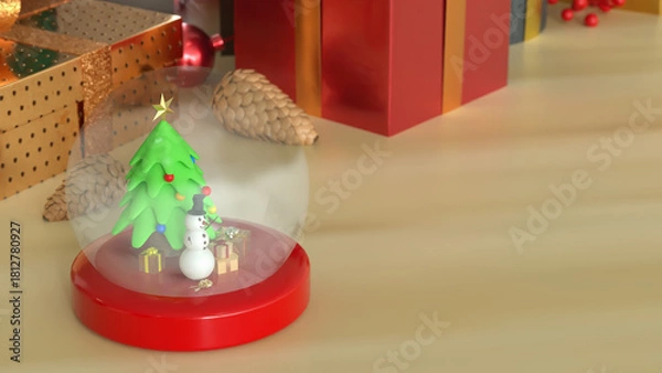 Fototapeta Christmas Snow Globe with Snowman and Tree 3d render