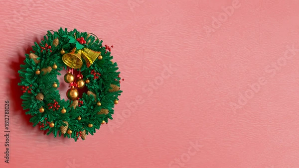 Fototapeta Christmas Wreath with Golden Bells on Red Background 3d render