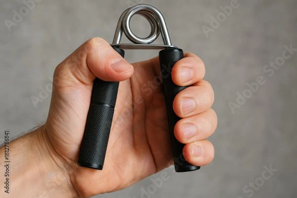 Fototapeta Grip Strengthener: A close-up view of a hand gripping a hand exerciser, illustrating the effort of strength training and physical fitness.