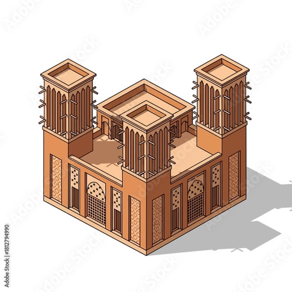 Fototapeta Isometric Illustration of Traditional Middle Eastern Windcatcher Architecture