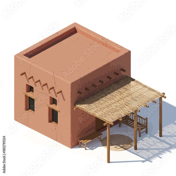 Fototapeta Isometric rendition of a traditional adobe house with a reed shade structure