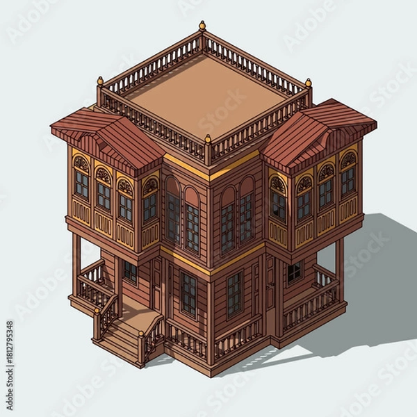 Fototapeta Isometric view of a three-story traditional wooden Ottoman house design