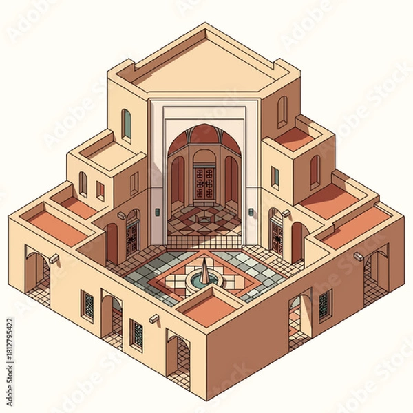 Fototapeta Isometric view of traditional house showcasing architectural design elements