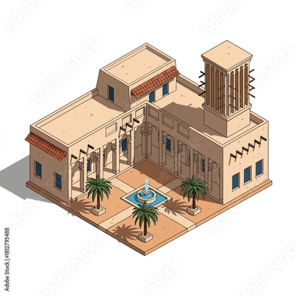 Fototapeta Stylized isometric rendering of a traditional Arab courtyard dwelling