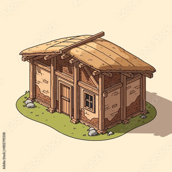 Fototapeta Stylized Medieval Thatched Cottage Isometric Illustration for Game Assets