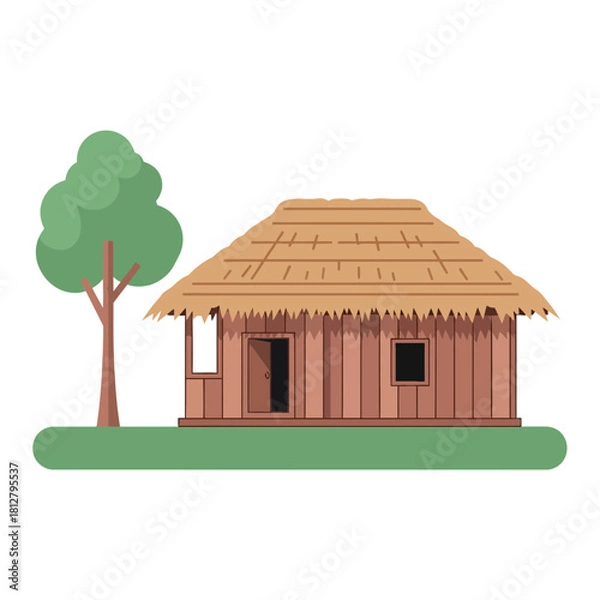 Fototapeta Stylized Thatch Hut Illustration with Lush Green Tree and Peaceful Ambiance